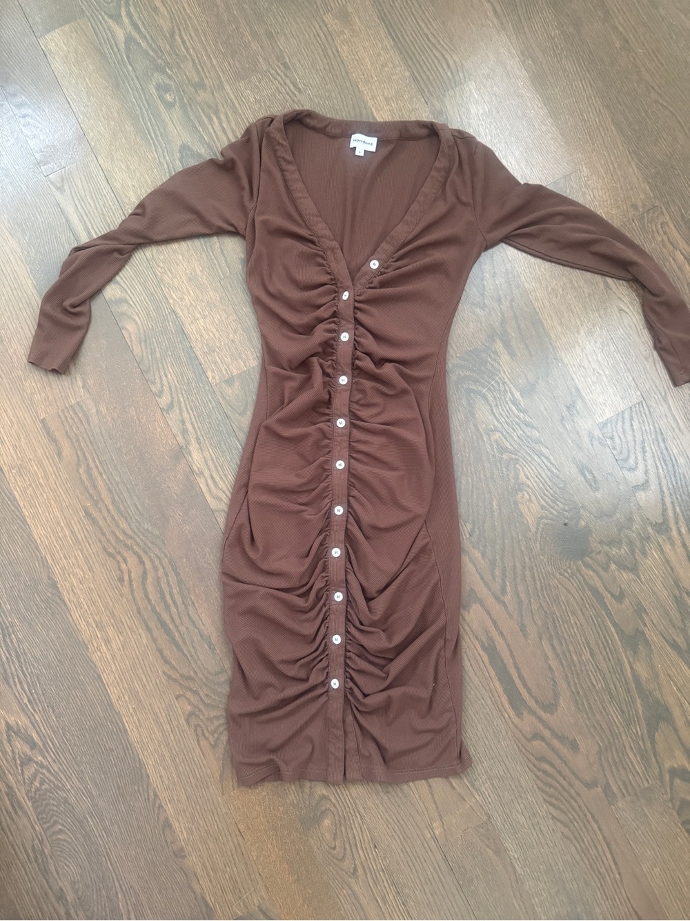Superdown Grace Ribbed Midi Dress Brown Ruched Long Sleeve V Neck Women's S